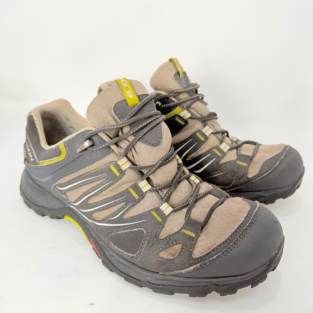 Salomon 145464 Gore-Tex Hiking Shoes Brown Grey Lime Mens 7.5 US 39 1/3 EUR